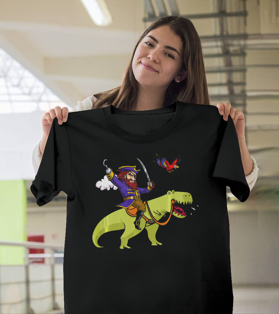 Pirate Sailor Rides T-Rex Dinosaur with Parrot T-Shirt