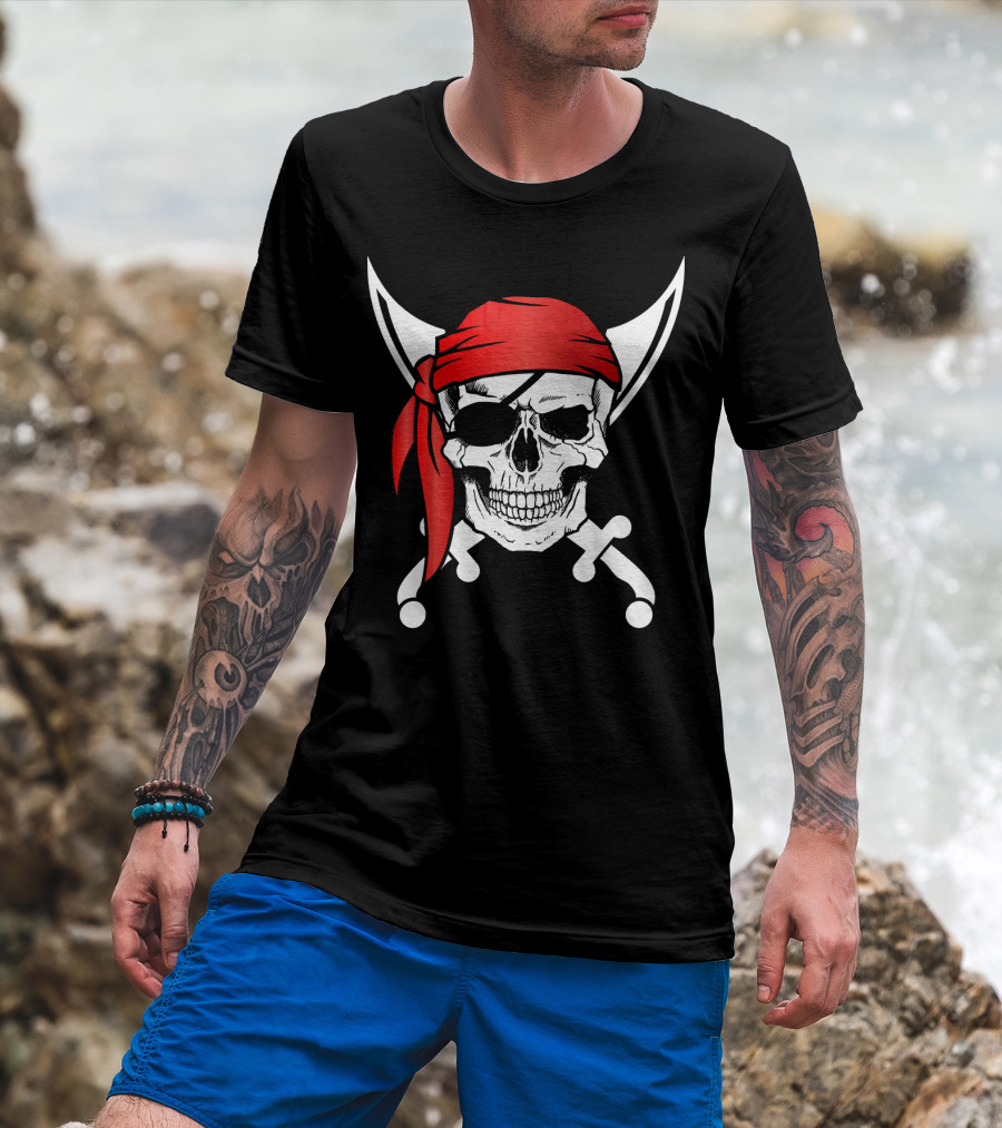 Pirate Skull Red Bandana Crossed Knives Iconic T-Shirt