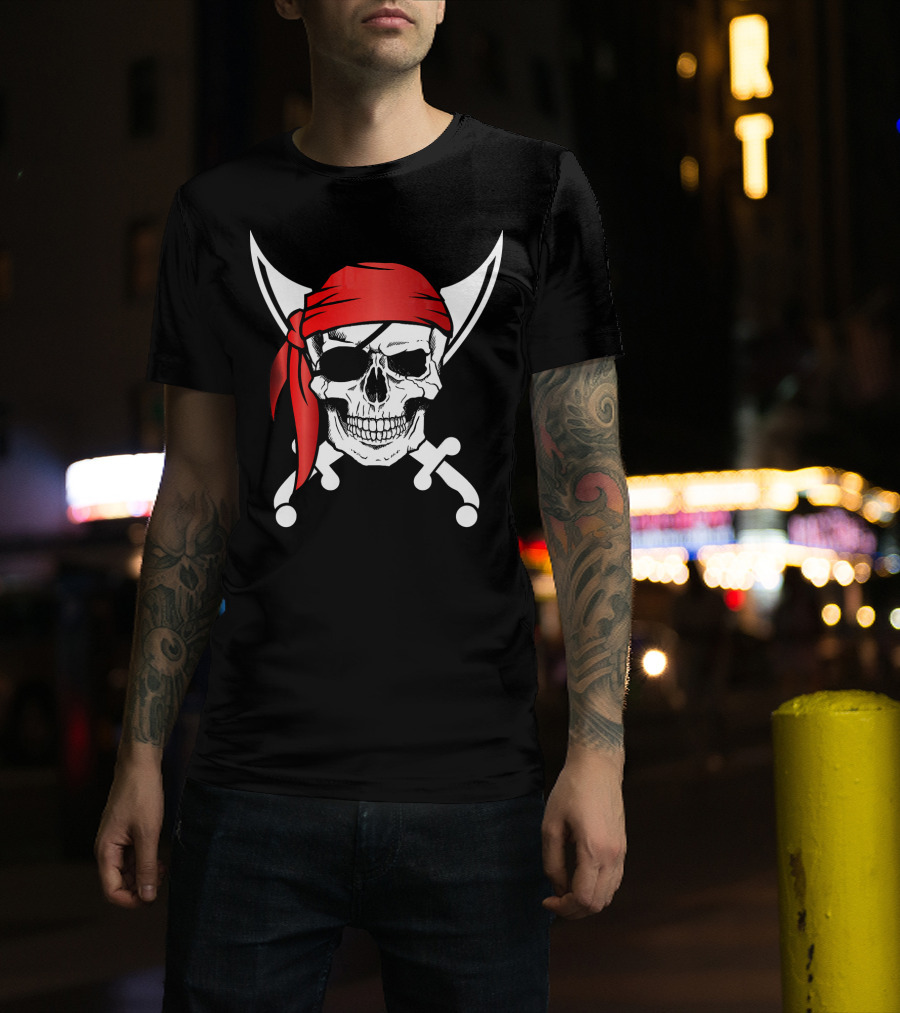 Pirate Skull Red Bandana Crossed Knives Iconic T-Shirt