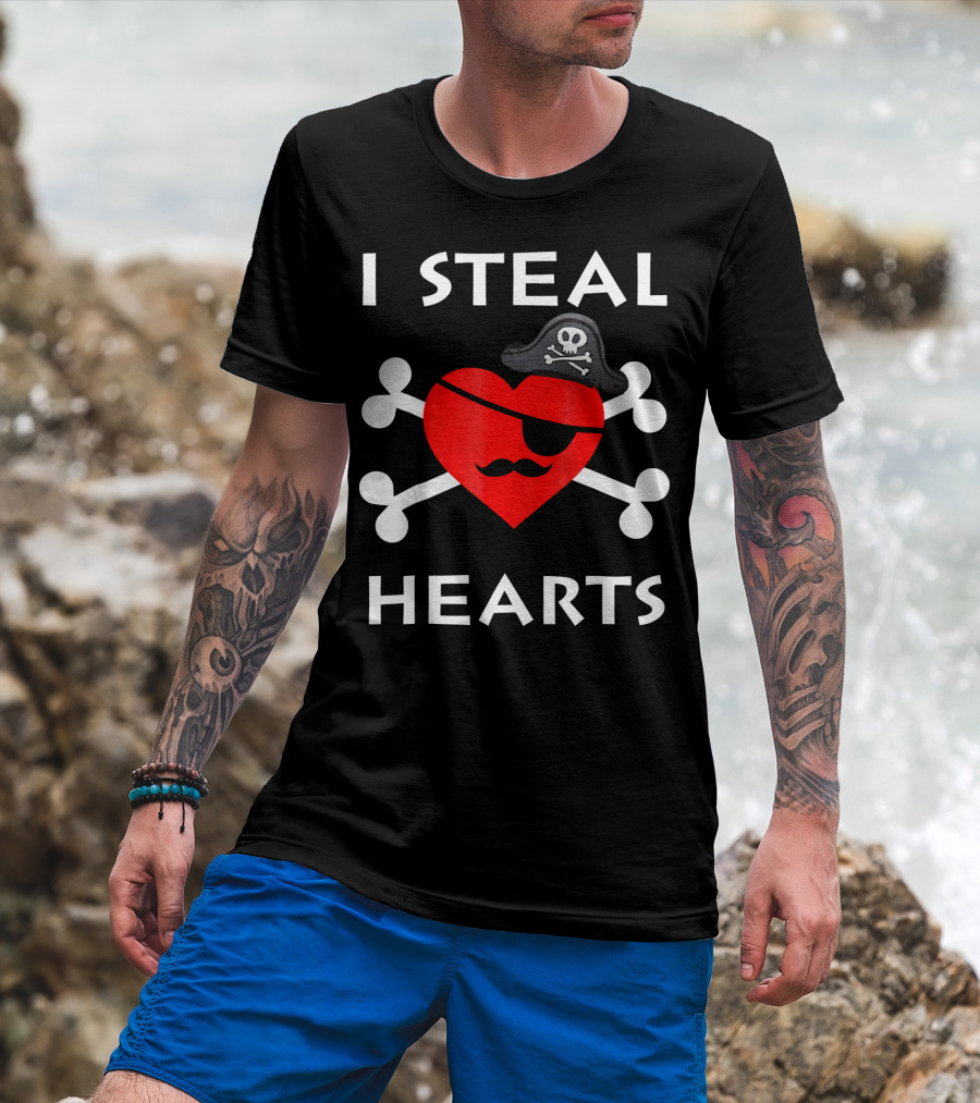 I Steal Hearts Valentine Day Pirate Eyepatch Skull Crossbones T-Shirt
