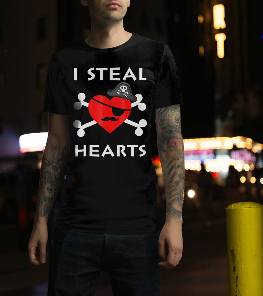I Steal Hearts Valentine Day Pirate Eyepatch Skull Crossbones T-Shirt