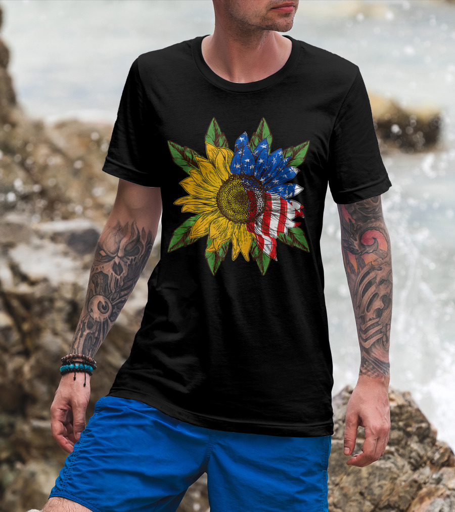 Hippie Peace American Flag Sunflower T-Shirt