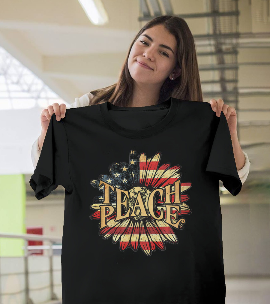 Teach Peace American Flag Flower Blossoms T-Shirt