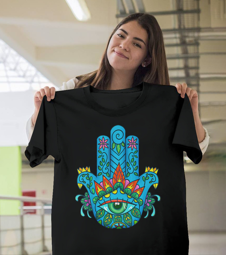 Hamsa Hand Spiritual Protection With Colorful Eye And Floral T-Shirt