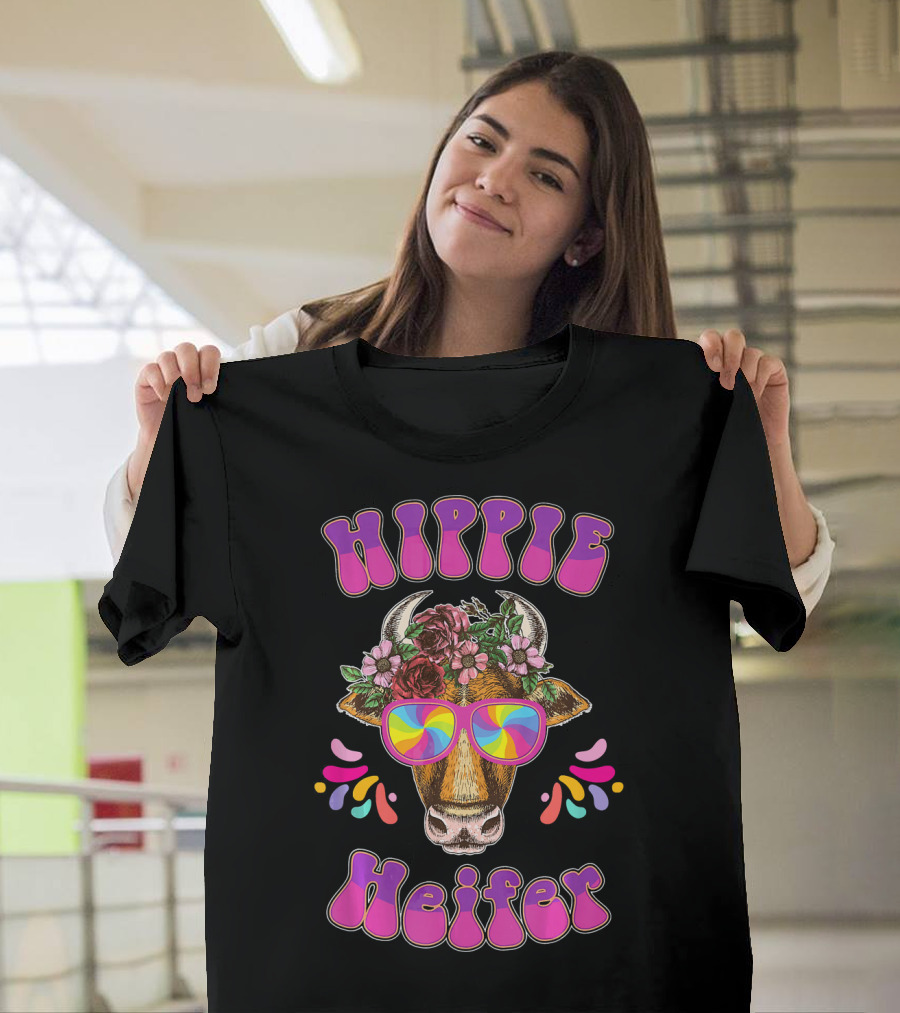 Hippie Heifer Peace Vintage Retro Cow With Floral Crown And Psychedelic Glasses T-Shirt