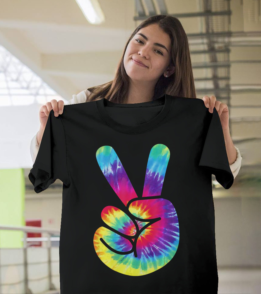 Groovy Tie Dye Peace Sign Two Finger Gesture T-Shirt