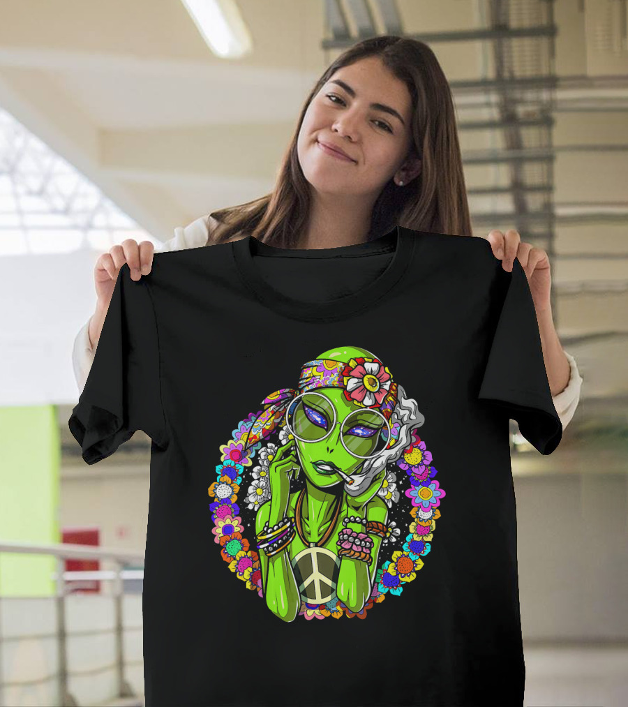 Psychedelic Hippie Alien Smoking with Peace Symbol Surrounded by Vibrant Flowers T-Shirt