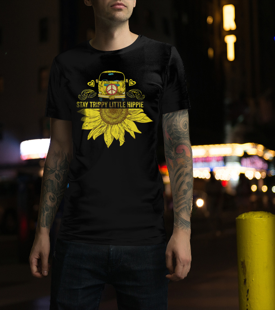 Stay Trippy Little Hippie Peace Sign Bus With Sunflower And Hearts T-Shirt