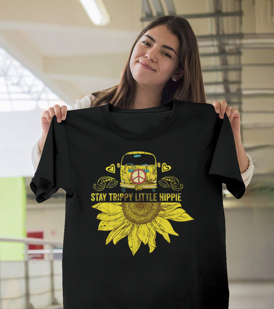 Stay Trippy Little Hippie Peace Sign Bus With Sunflower And Hearts T-Shirt