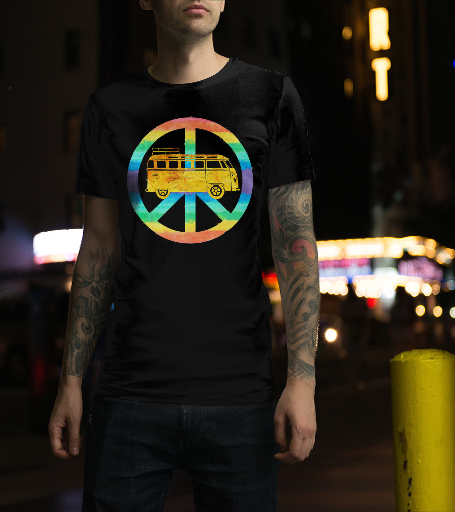 Vintage Hippie Bus Rainbow Van Peace Sign T-Shirt