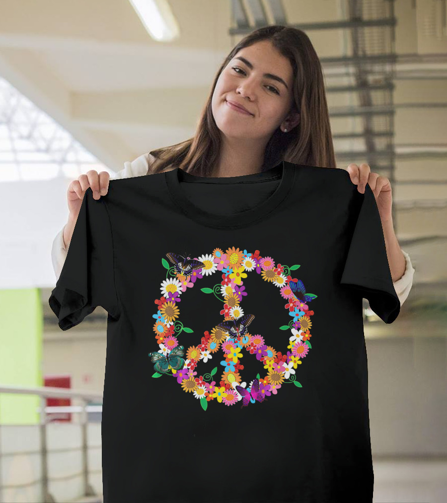 Fluttering Spring Flowers Peace Sign T-Shirt