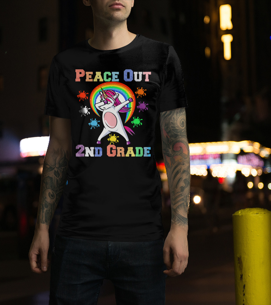 Peace Out 2nd Grade Unicorn Dabbin Rainbow Splash T-Shirt