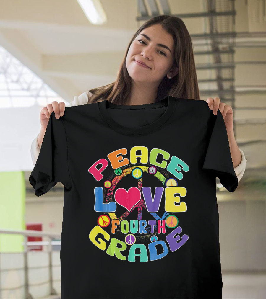 Peace Love Fourth Grade Back to School Groovy Rainbow Peace Signs T-Shirt