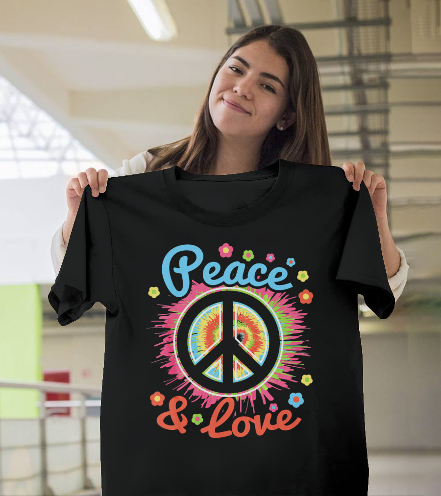 Peace And Love Tie-Dye Peace Sign With Colorful Flowers T-Shirt