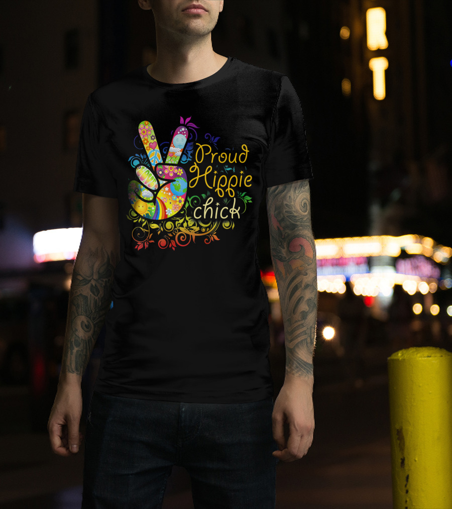 Proud Hippie Chick Peace Sign With Colorful Floral T-Shirt