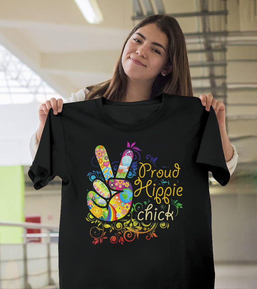 Proud Hippie Chick Peace Sign With Colorful Floral T-Shirt