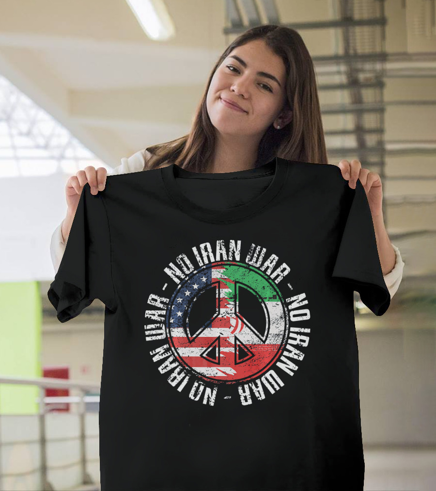 No Iran War Peace Symbol With American And Iranian Flags T-Shirt