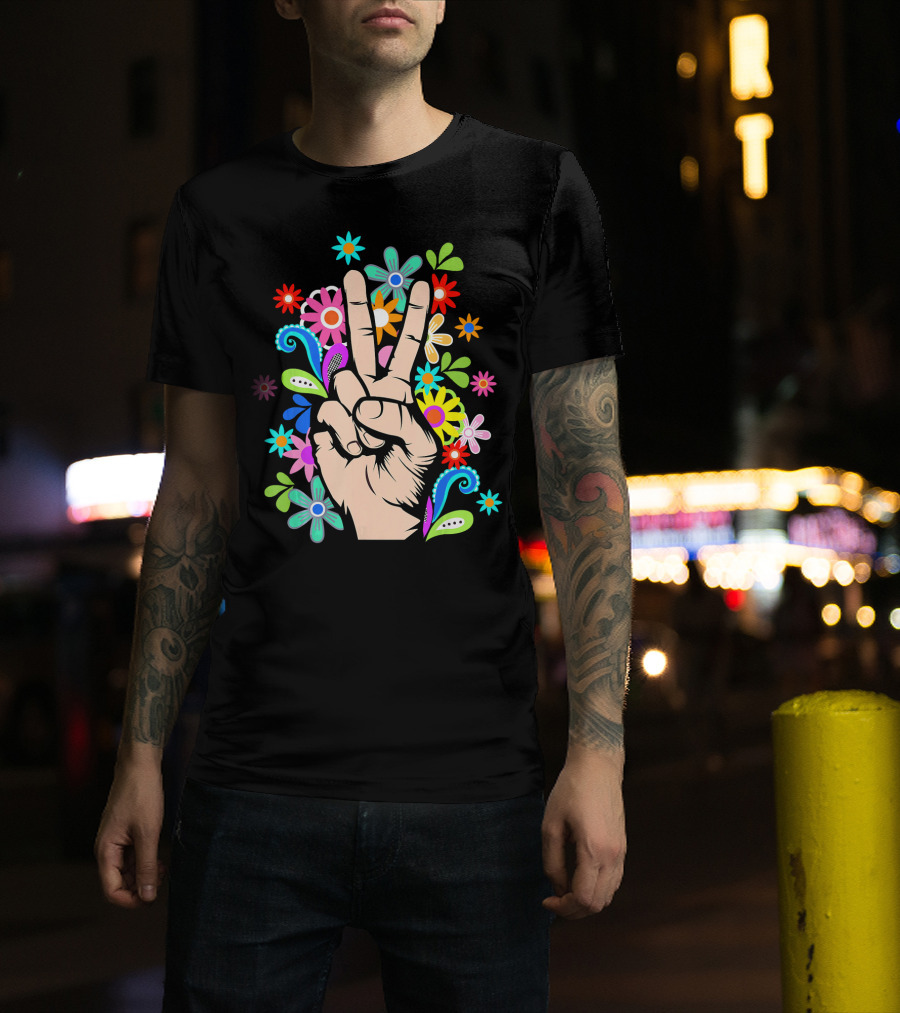 Hippie Cool Hand Peace Sign Surrounded By Colorful Flowers T-Shirt