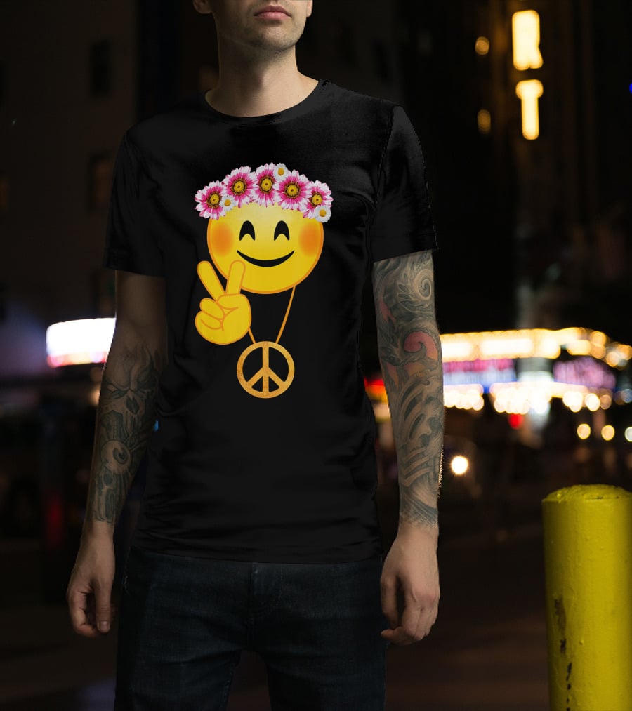 Peace Sign Smiley Face Flower Crown Hippie Necklace T-Shirt