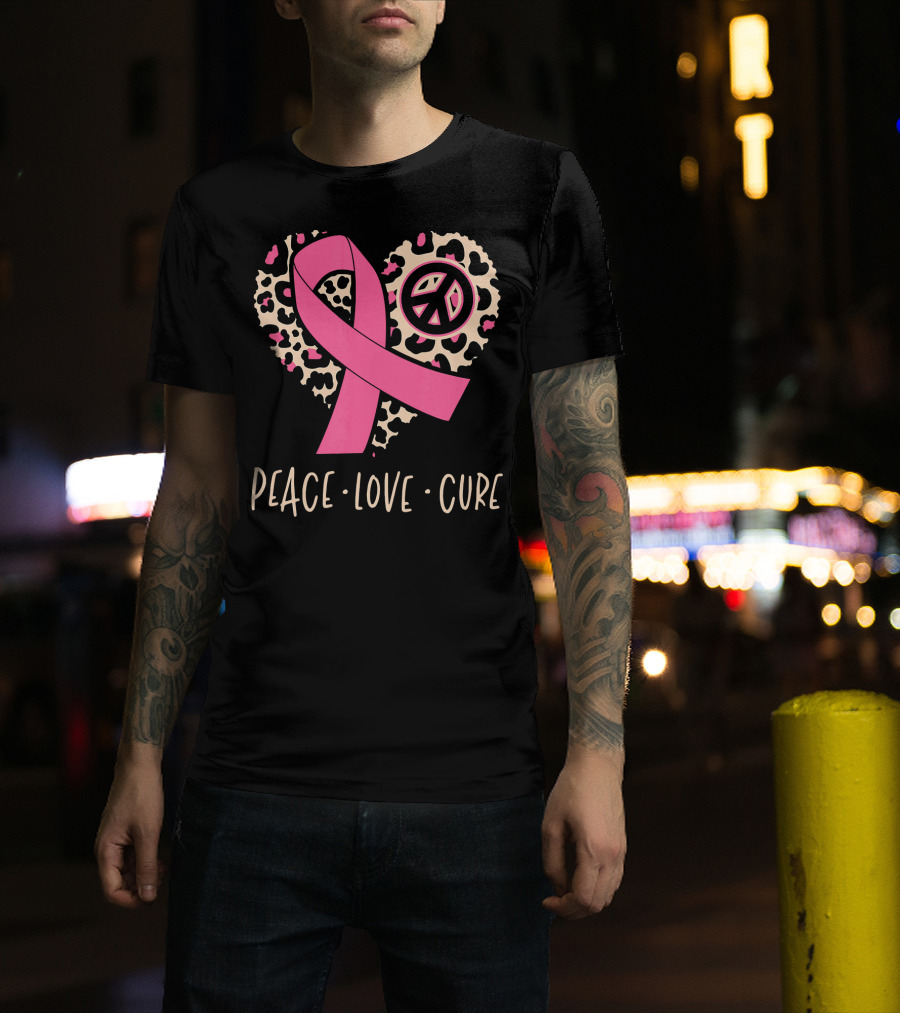 Peace Love Cure Pink Ribbon Leopard Breast Cancer Awareness T-Shirt
