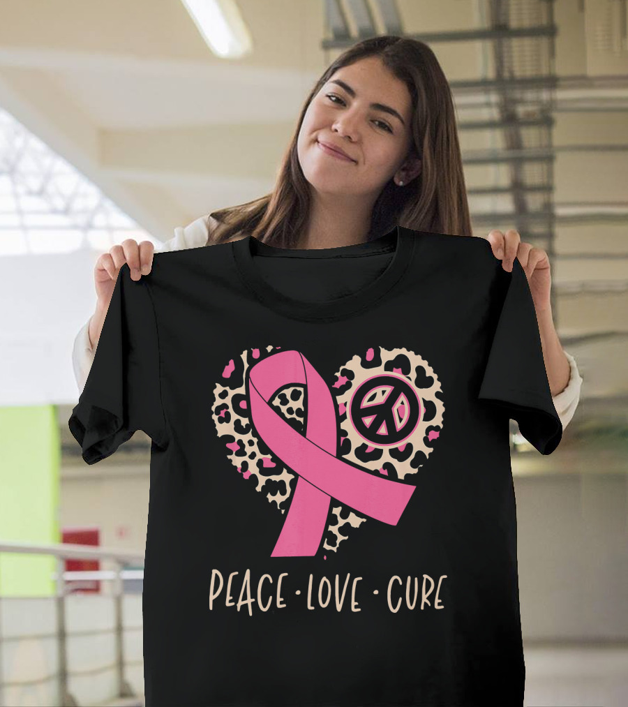 Peace Love Cure Pink Ribbon Leopard Breast Cancer Awareness T-Shirt