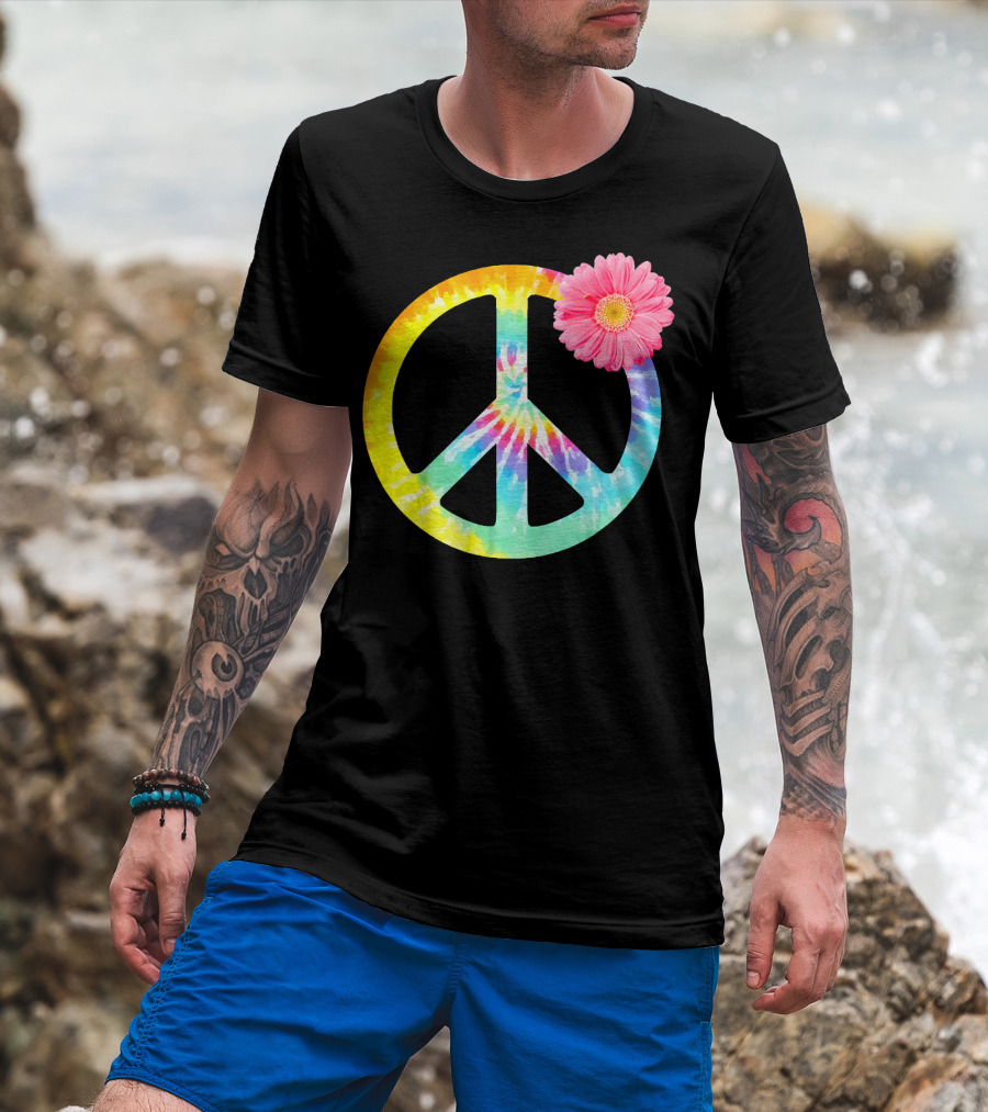 Boho Tie Dye Peace Sign With Pink Flower T-Shirt