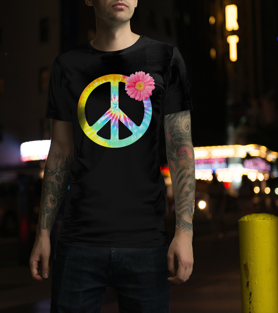 Boho Tie Dye Peace Sign With Pink Flower T-Shirt