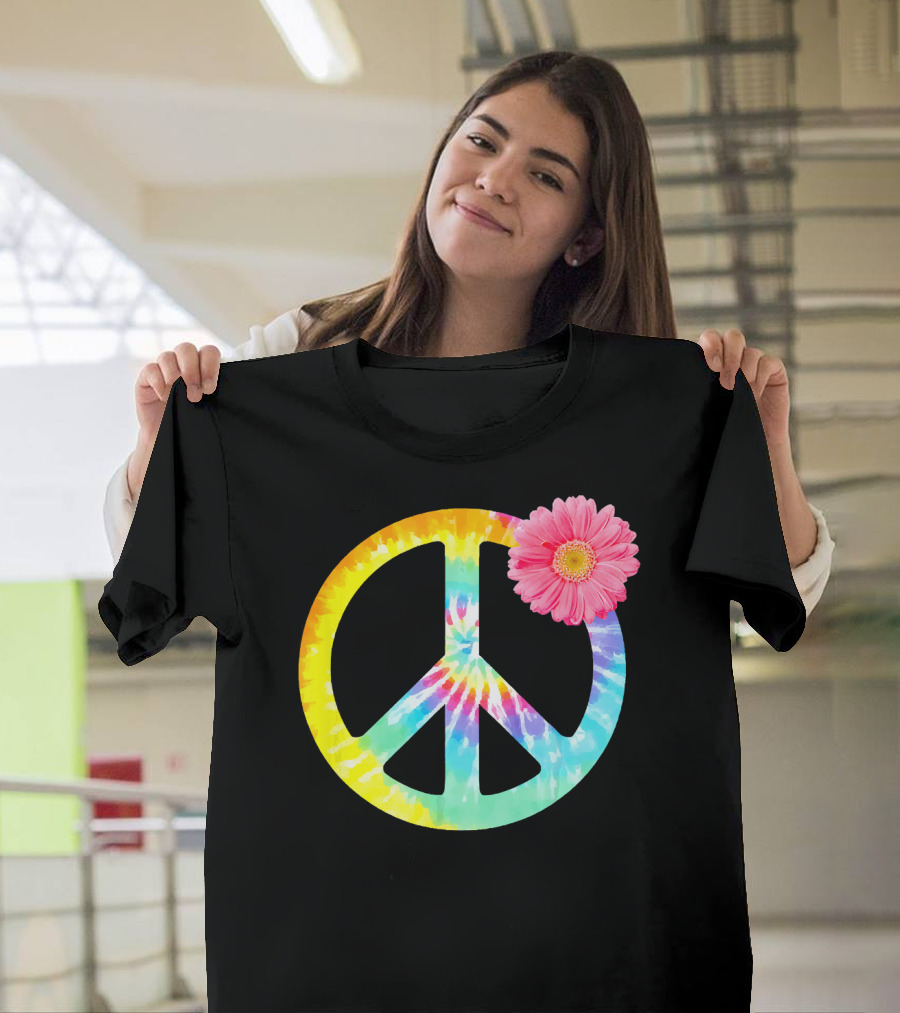 Boho Tie Dye Peace Sign With Pink Flower T-Shirt