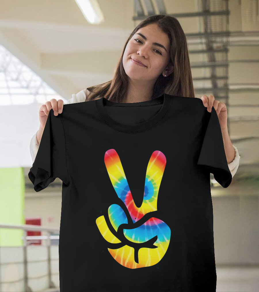 Tie Dye Peace Sign Hand V Symbol Rainbow Psychedelic T-Shirt