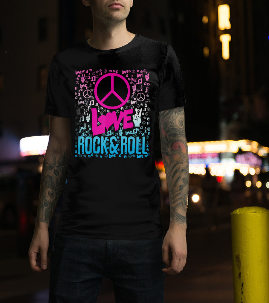 Peace Love Rock And Roll Music Icons And Hippie Symbols T-Shirt