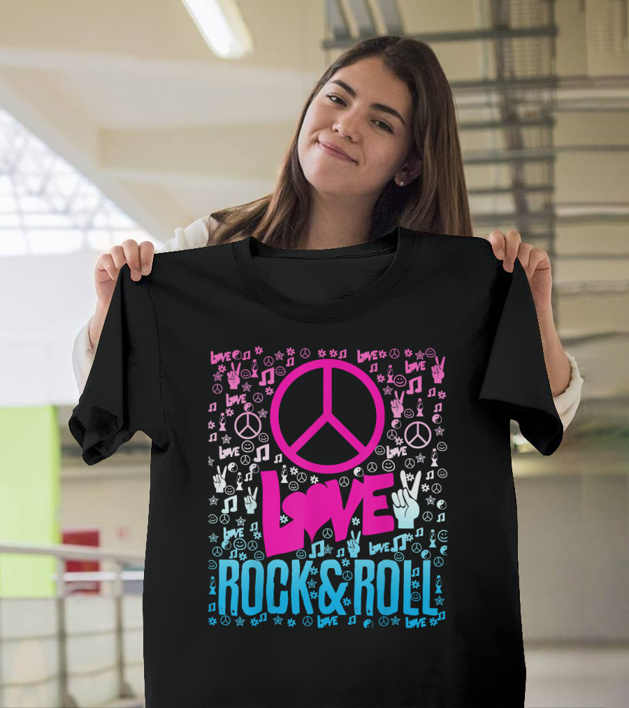 Peace Love Rock and Roll Music Icons and Hippie Symbols T-Shirt