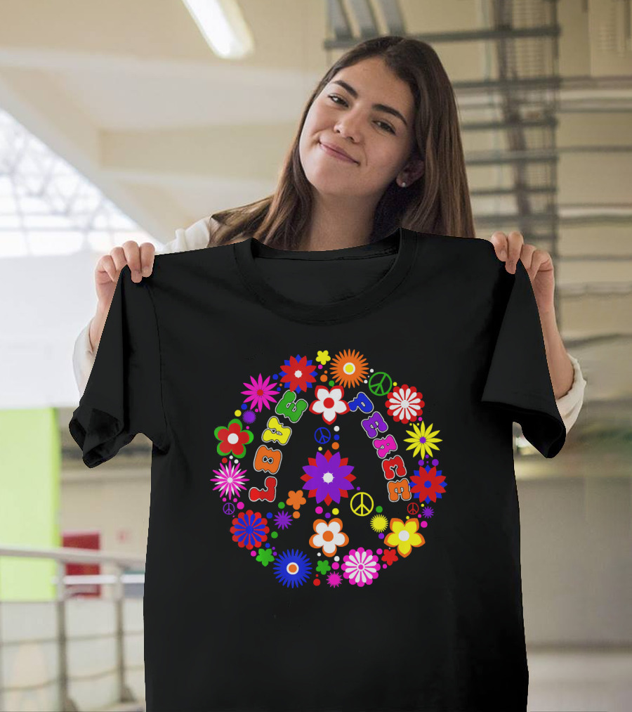 Love Peace Sign Retro Flowers Hippie Col Colorful Groovy T-Shirt