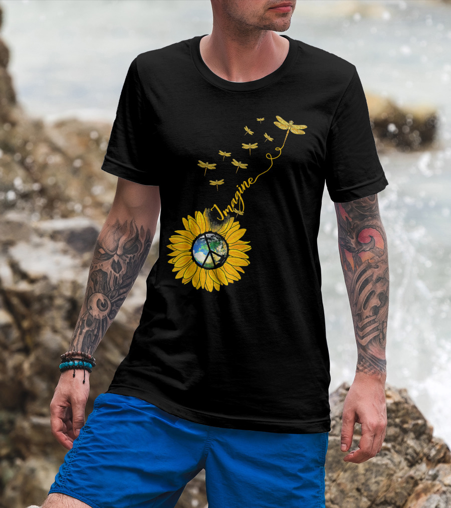 Imagine Peace Earth Sunflower Dragonflies T-Shirt