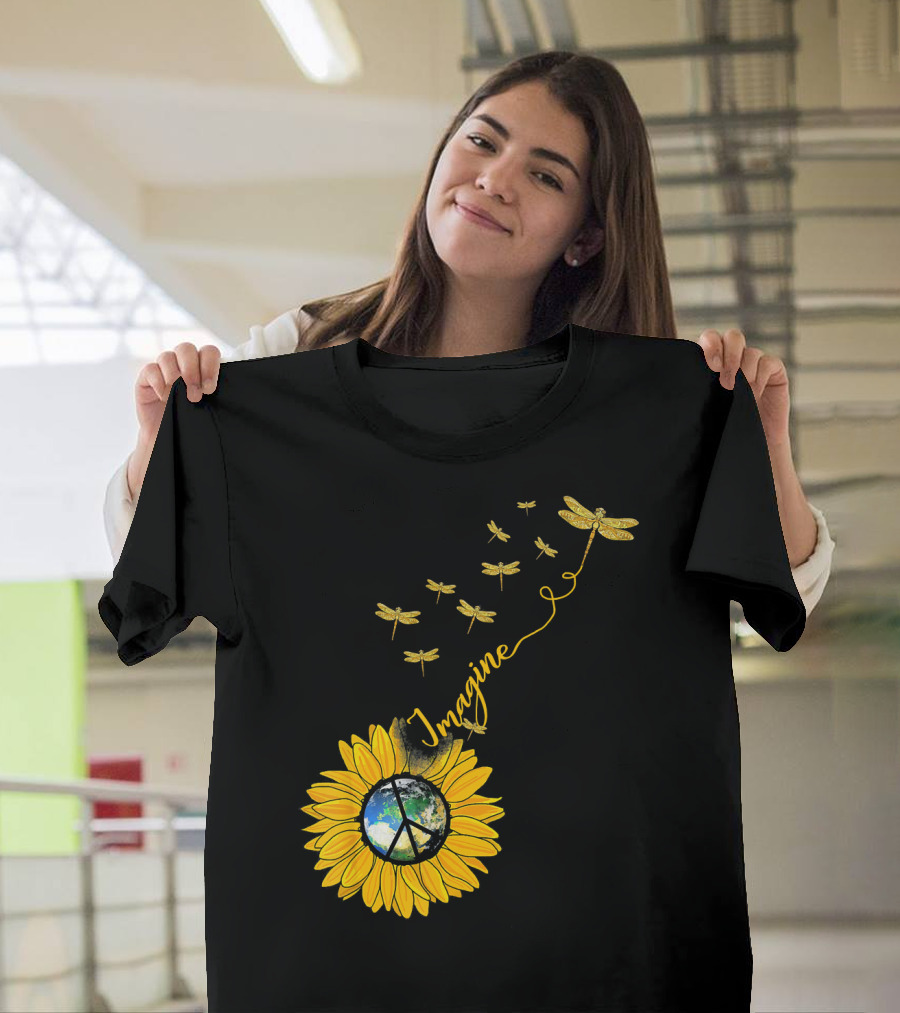 Imagine Peace Earth Sunflower Dragonflies T-Shirt