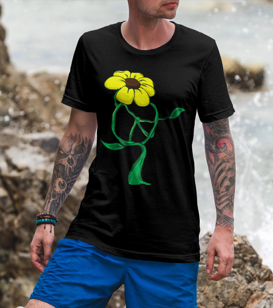 Hippie Yellow Flower Peace Sign Stem Green Leaves T-Shirt