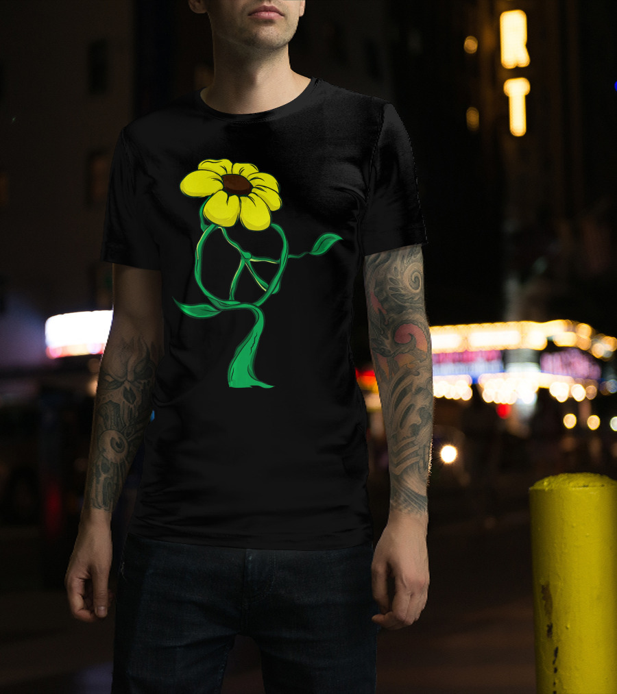 Hippie Yellow Flower Peace Sign Stem Green Leaves T-Shirt