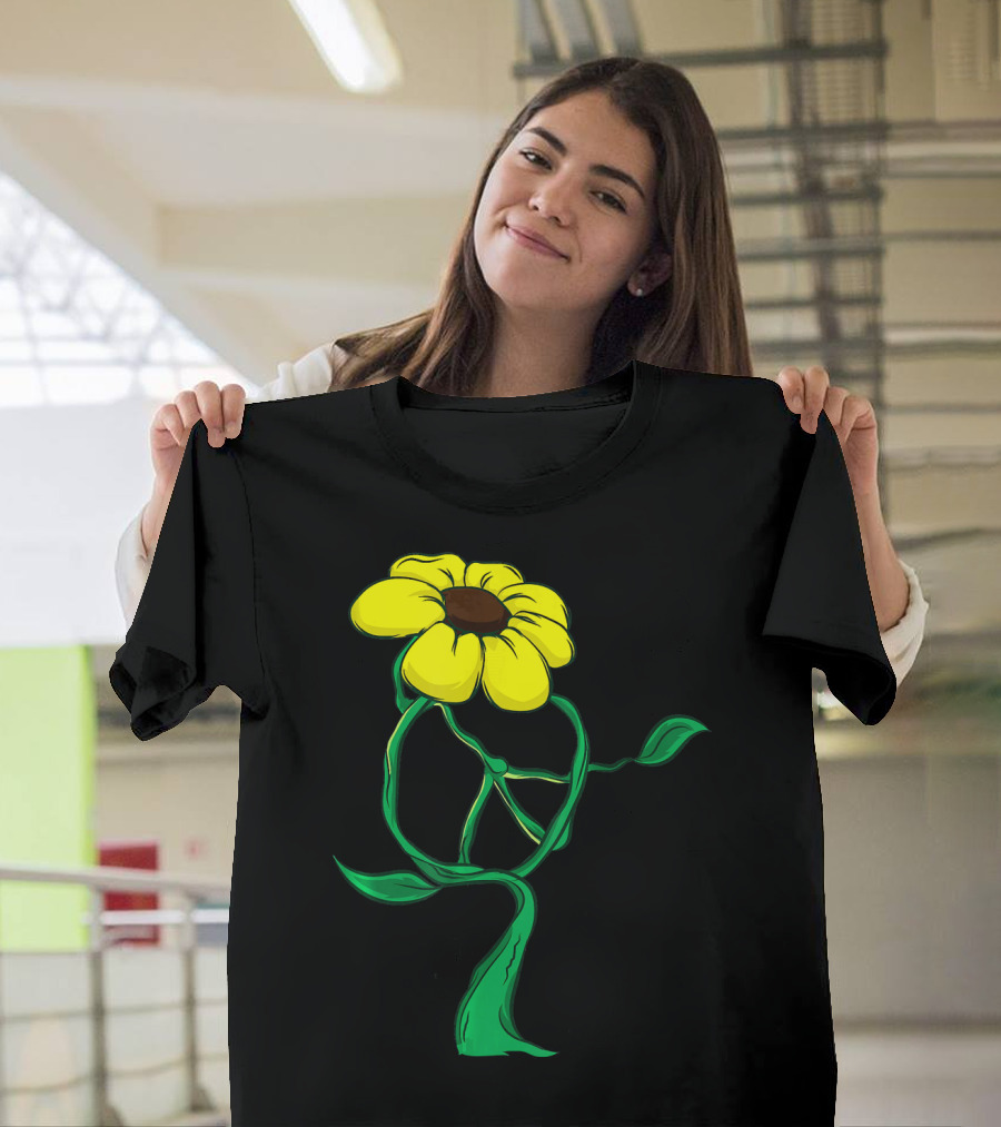 Hippie Yellow Flower Peace Sign Stem Green Leaves T-Shirt