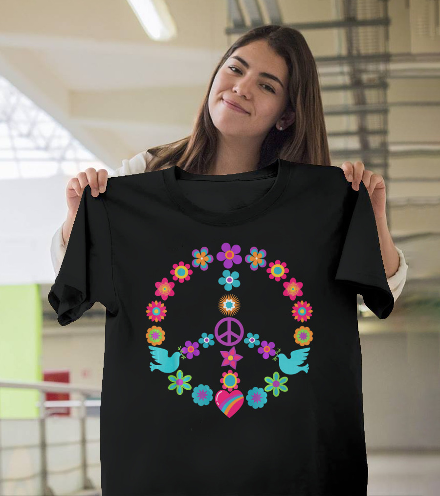 Peace Sign Floral Dove Heart 60s 70s Flower Power T-Shirt