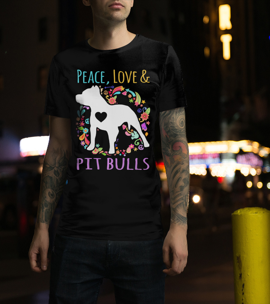 Peace Love And Pit Bulls Colorful Floral Heart Dog T-Shirt