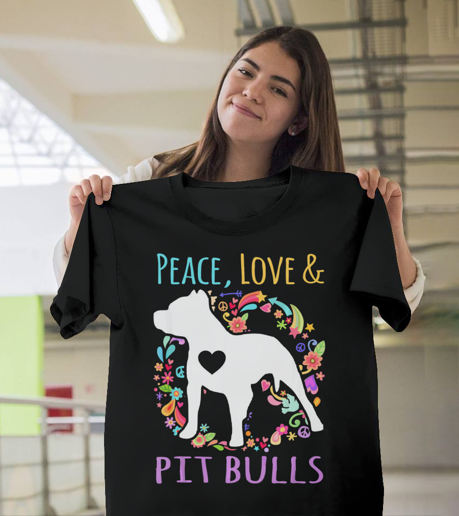 Peace Love And Pit Bulls Colorful Floral Heart Dog T-Shirt