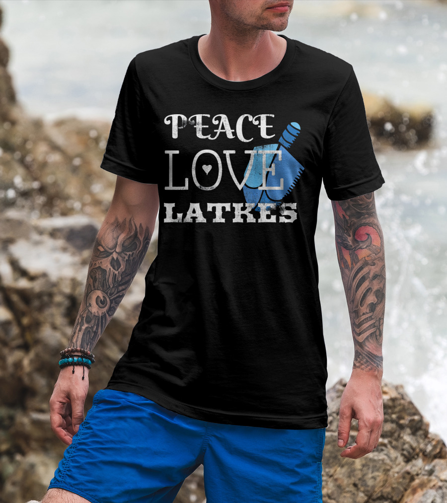 Peace Love Latkes Blue Dreidel T-Shirt