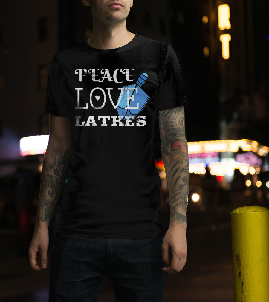 Peace Love Latkes Blue Dreidel T-Shirt