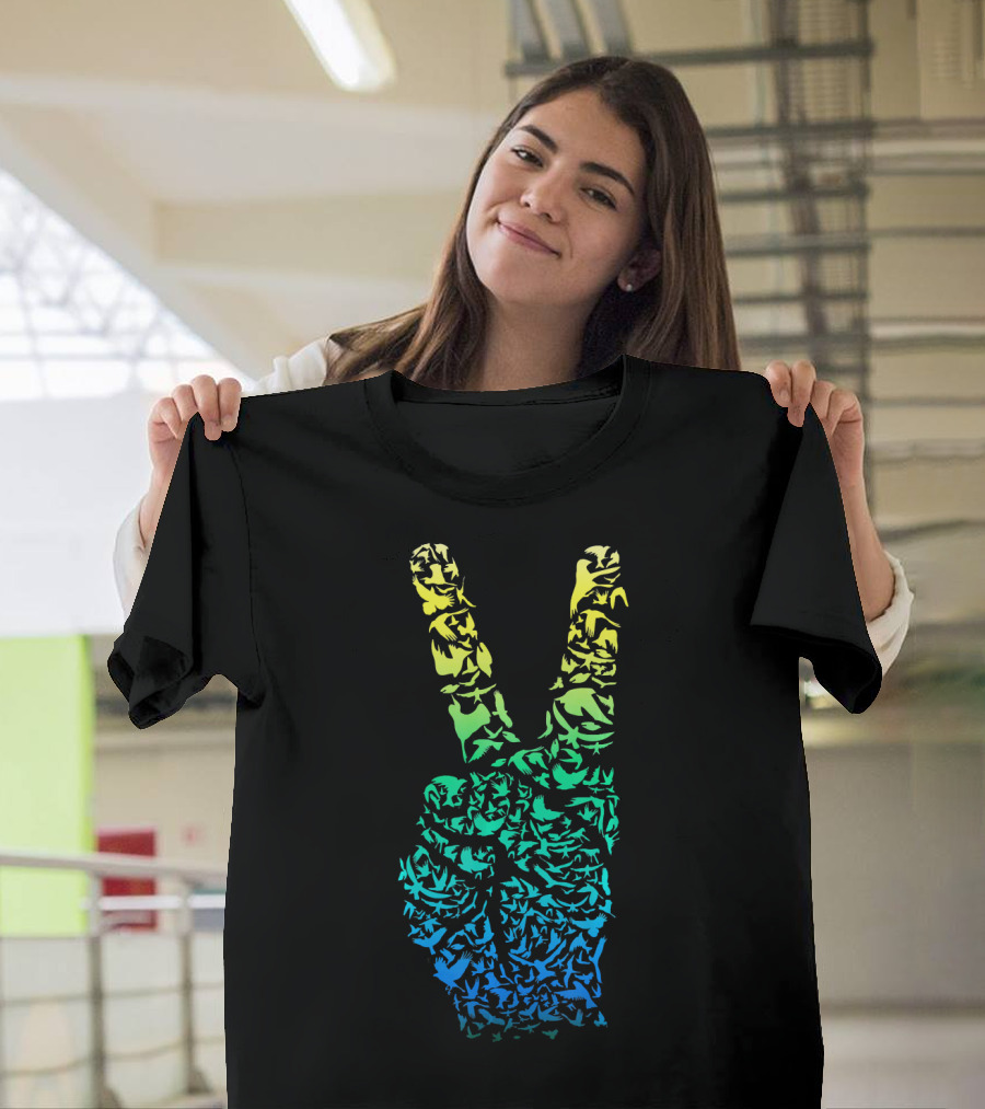 Colorful Birds Peace Hand Sign ASL Finger La T-Shirt