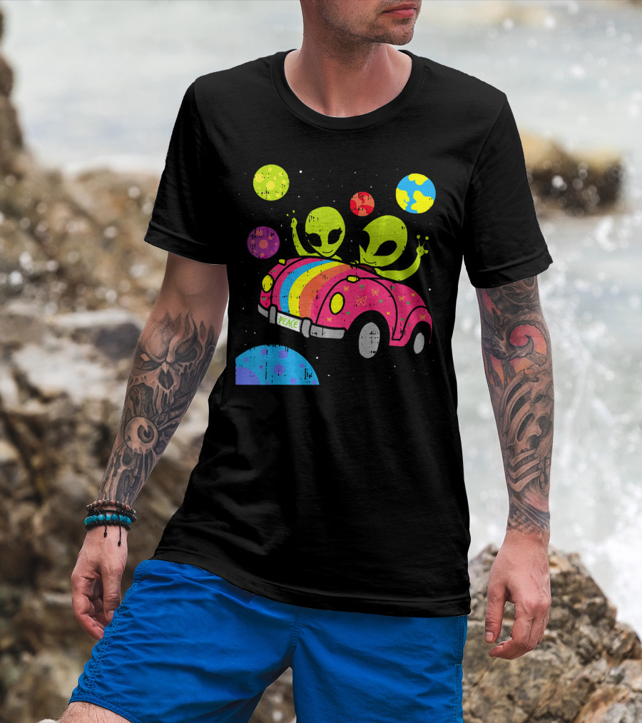 Hippie Alien Space Roadtrip With Peaceful Car And Colorful Planets T-Shirt