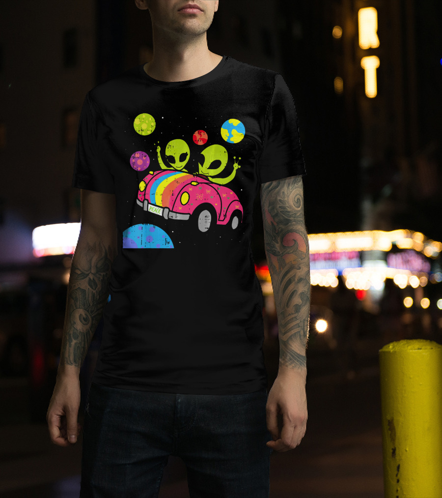 Hippie Alien Space Roadtrip With Peaceful Car And Colorful Planets T-Shirt