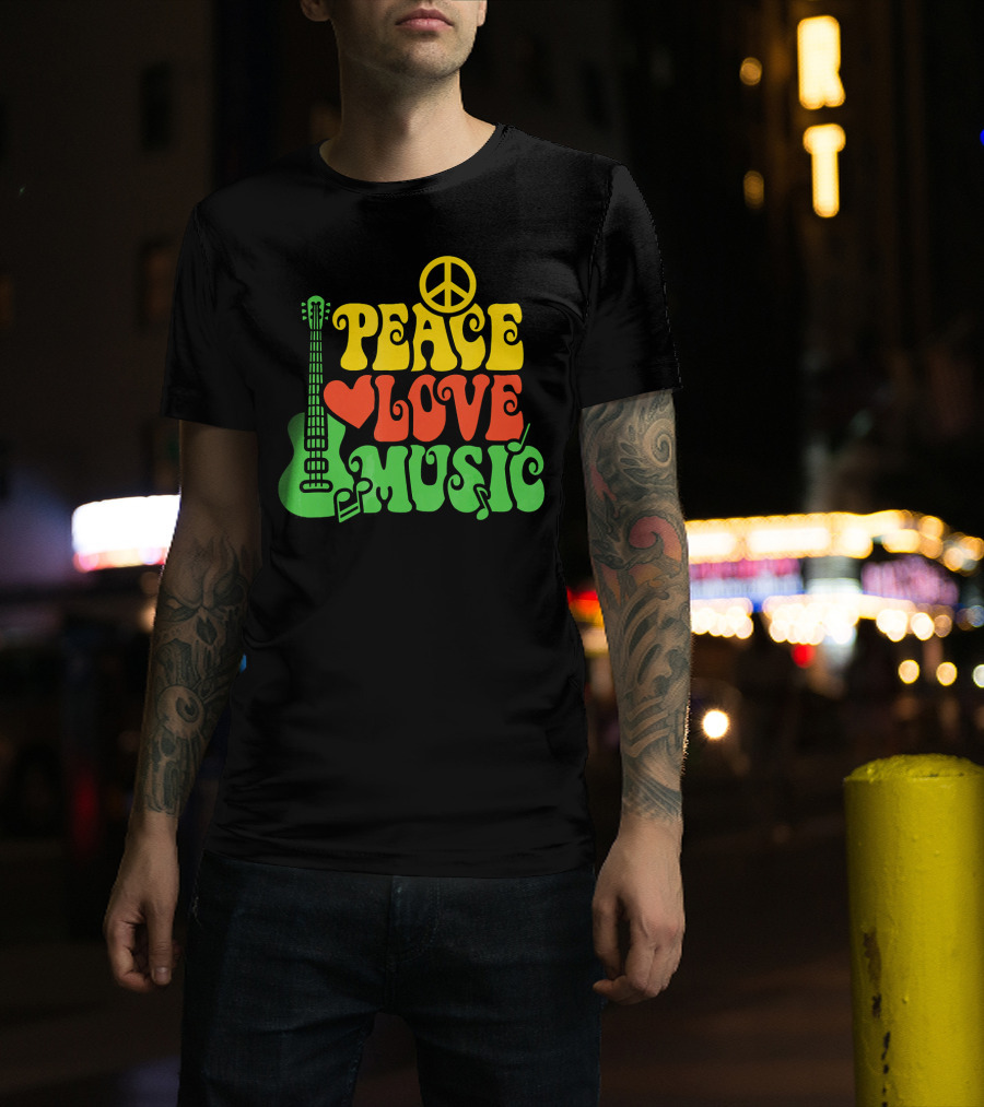 PEACE LOVE MUSIC Reggae Guitar Peace Symbol Heart Notes T-Shirt