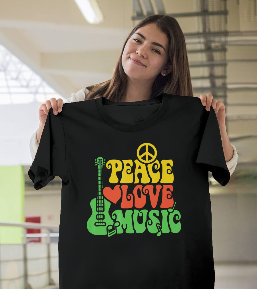PEACE LOVE MUSIC Reggae Guitar Peace Symbol Heart Notes T-Shirt