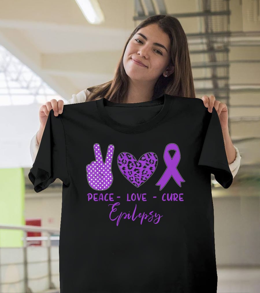 Peace Love Cure Epilepsy Purple Ribbon Polka Dot Leopard Print T-Shirt