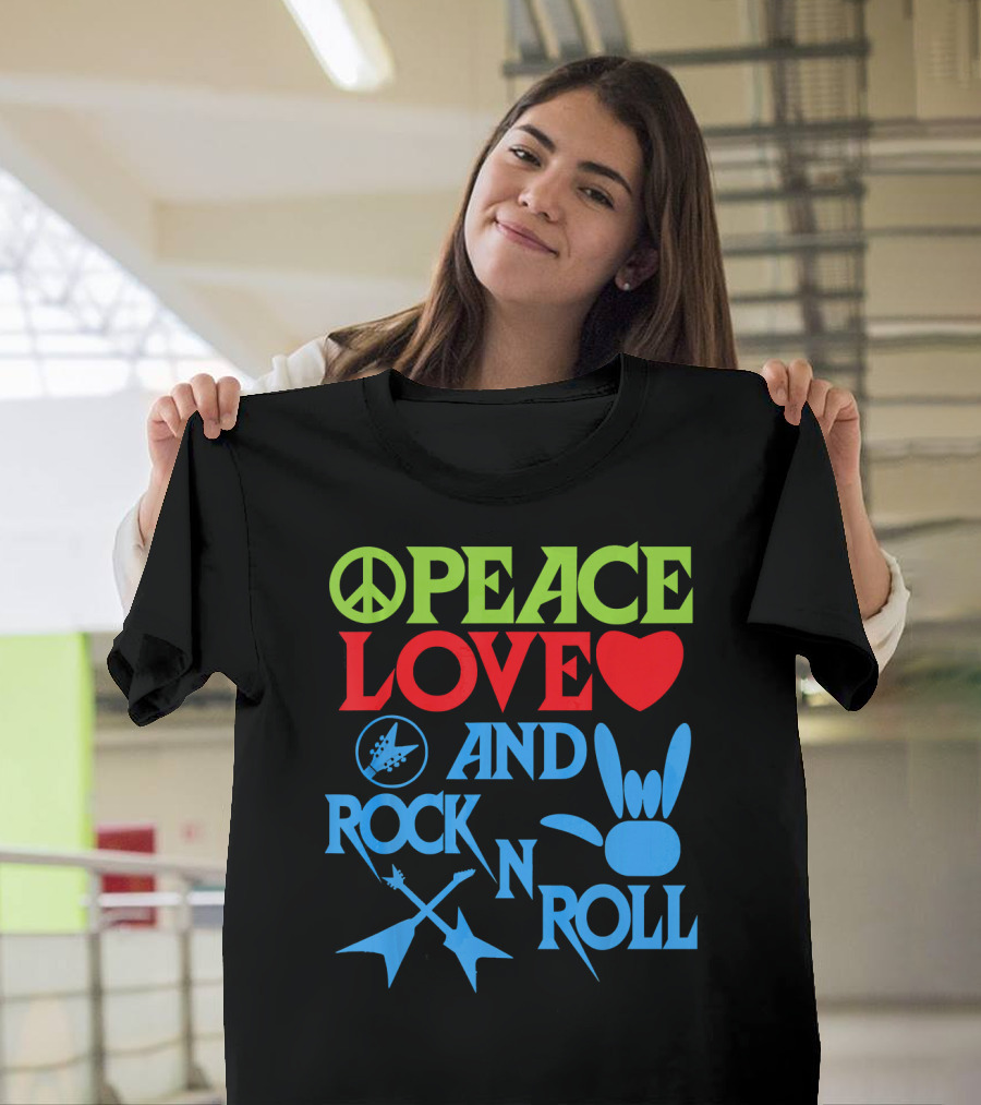 Peace Love Heart And Rock N Roll Peace Sign Guitar Hand Gesture T-Shirt