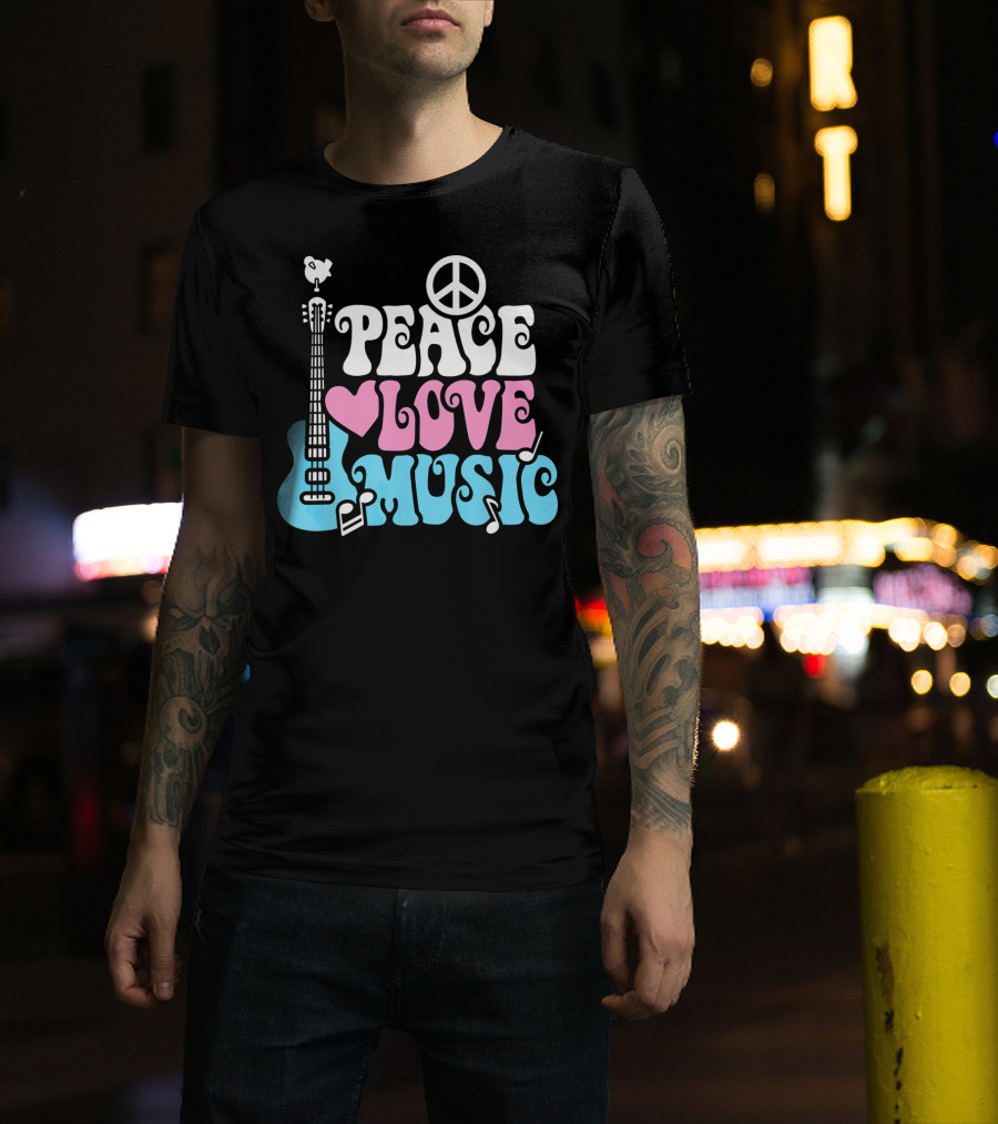 Peace Love Music Pastels With Guitar And Peace T-Shirt